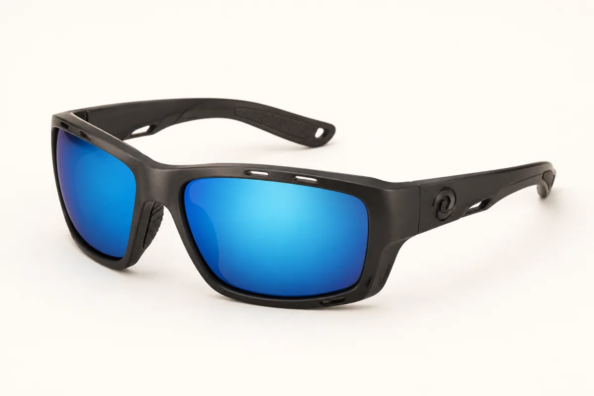 Black Costa Del Mar performance sunglasses with blue mirrored lenses in a three-quarter product view
