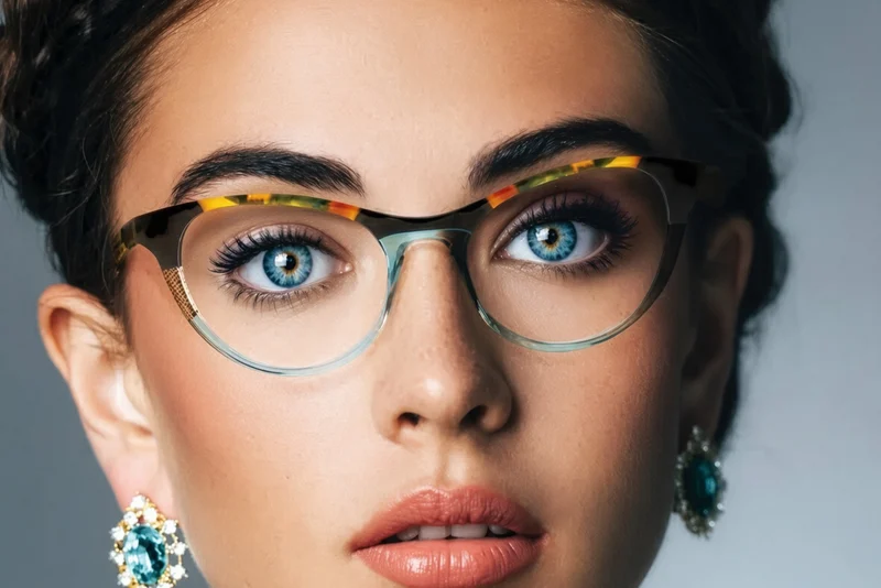 Close view of a woman wearing multicolored Dolabany acetate frames
