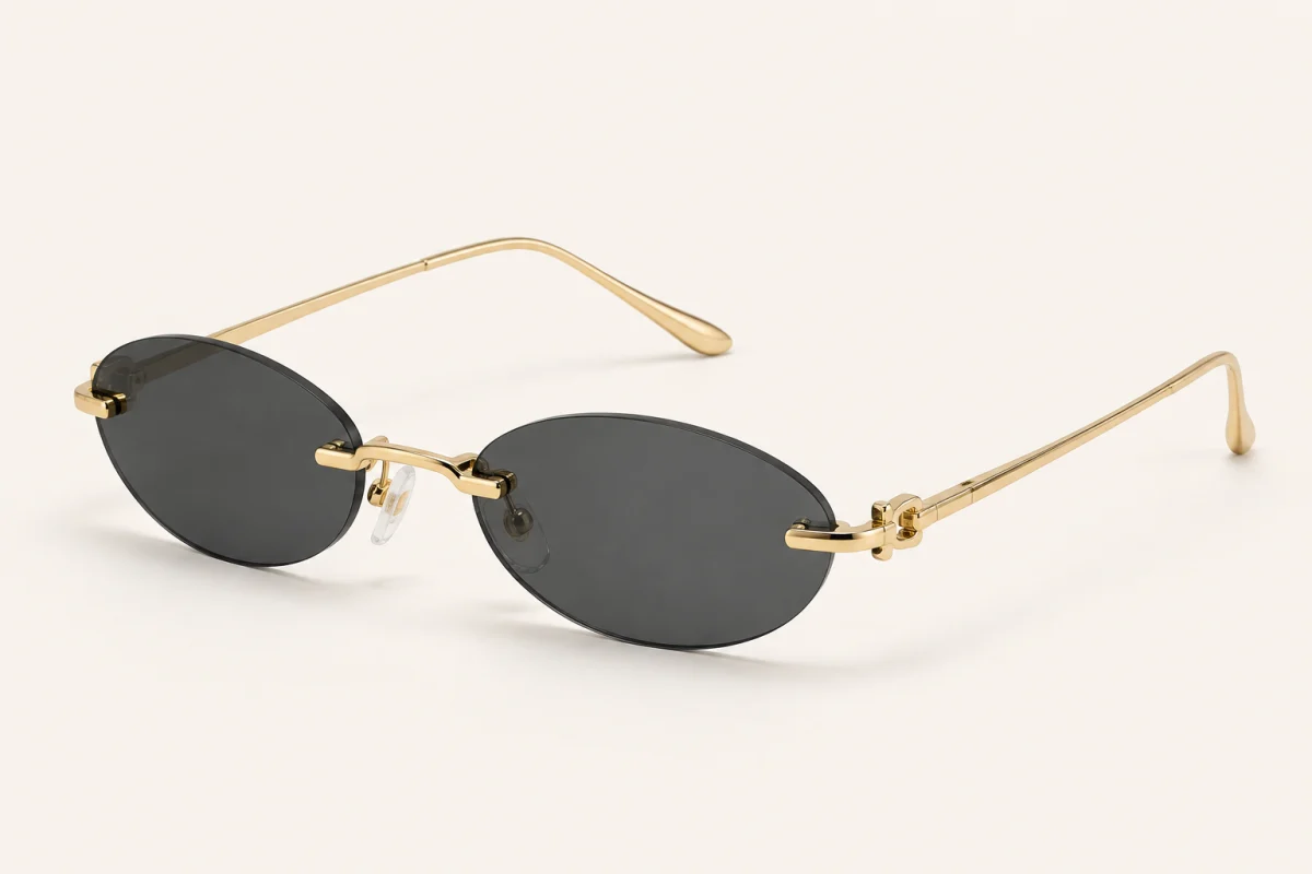 Gold-tone rimless oval Marc Jacobs sunglasses with smoke lenses in a three-quarter product view