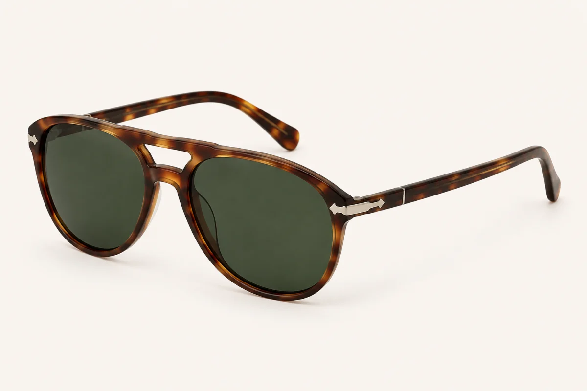 Havana tortoiseshell Persol 649 sunglasses with green lenses in a three-quarter product view