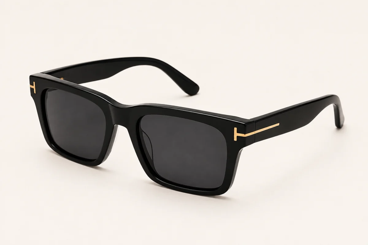 Black Tom Ford sunglasses with gold T-shaped hinge details in a three-quarter product view