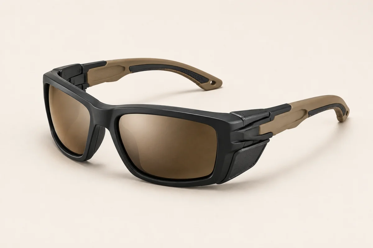 Black and tan Wiley X protective sunglasses with bronze lenses in a three-quarter product view