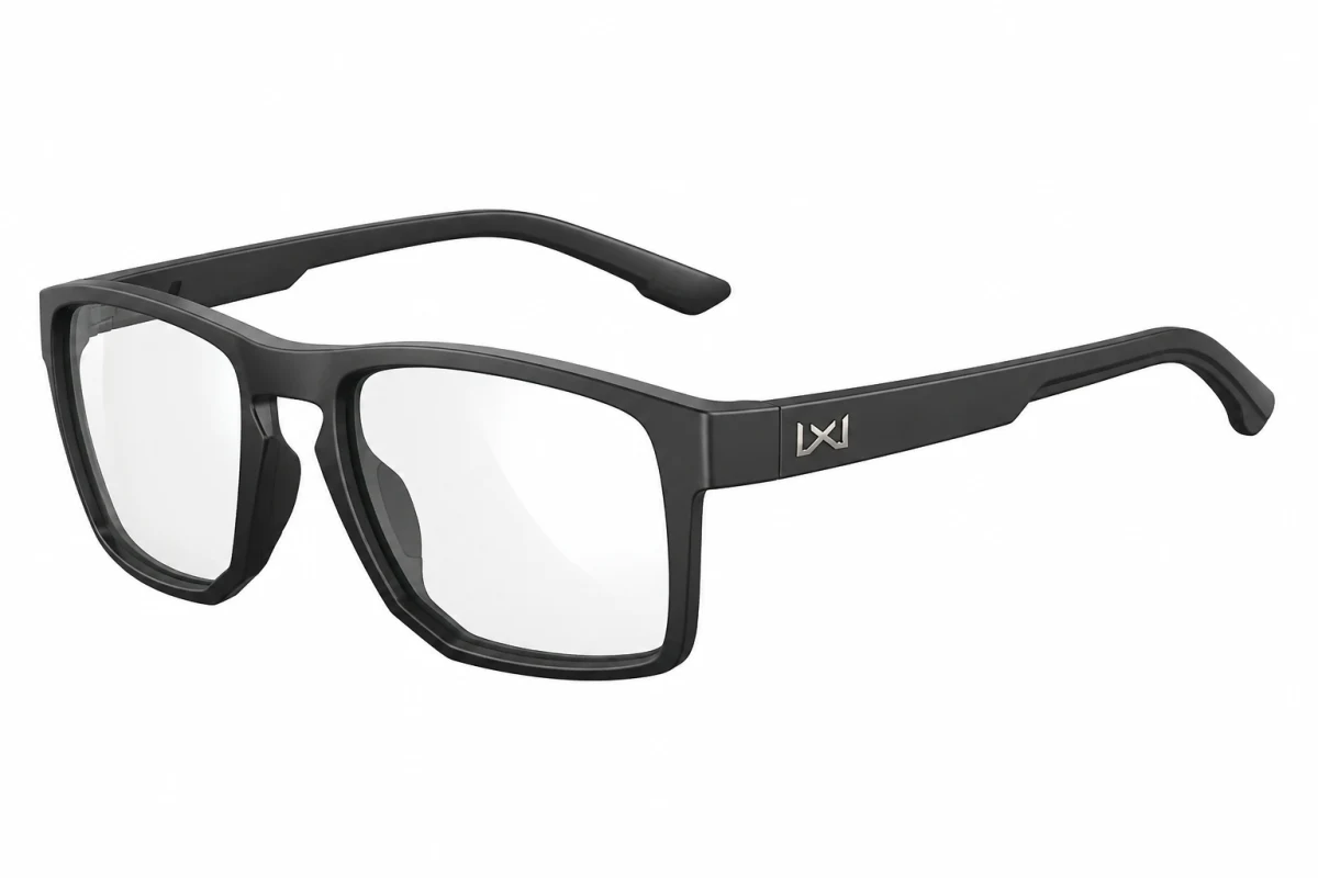 Matte-black Wiley X protective glasses with clear lenses in a three-quarter product view