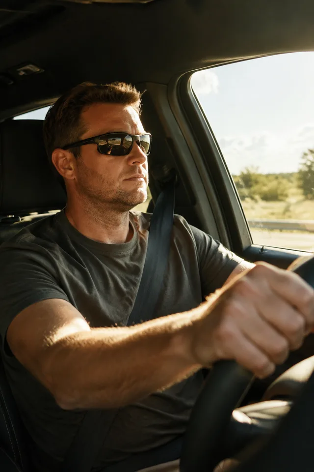 A man in polarized sunglasses driving with the sun low through the windshield