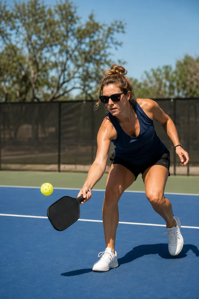 A woman in polarized sunglasses reaching for a pickleball on an outdoor court