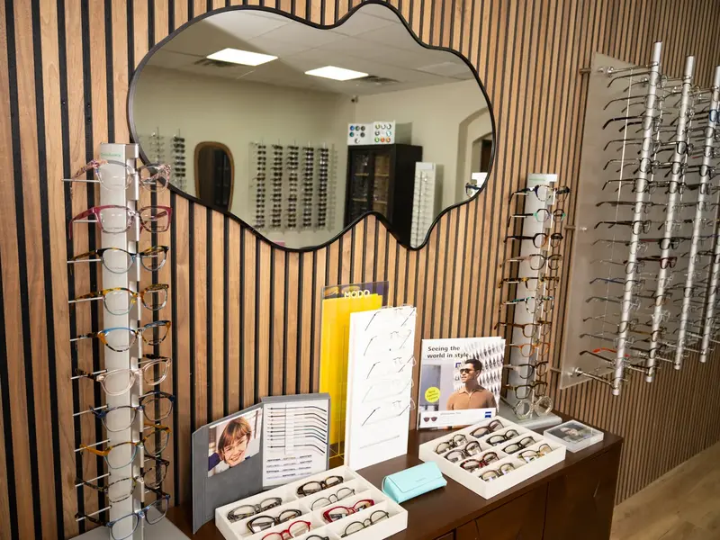 Eyeglass frames on display in the Kingsley Optical showroom